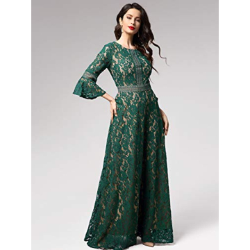 MISSMAY Women's Vintage Full Lace Contrast Bell Sleeve Formal Long Dress (Medium, C-Green)