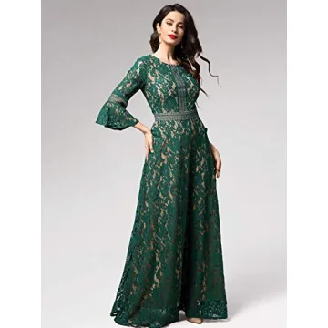 MISSMAY Women's Vintage Full Lace Contrast Bell Sleeve Formal Long Dress (Medium, C-Green)