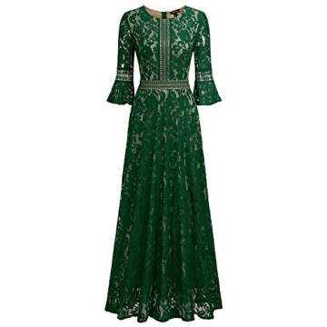 MISSMAY Women's Vintage Full Lace Contrast Bell Sleeve Formal Long Dress (Medium, C-Green)
