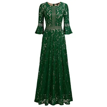 MISSMAY Women's Vintage Full Lace Contrast Bell Sleeve Formal Long Dress (Medium, C-Green)