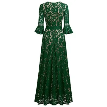 MISSMAY Women's Vintage Full Lace Contrast Bell Sleeve Formal Long Dress (Medium, C-Green)