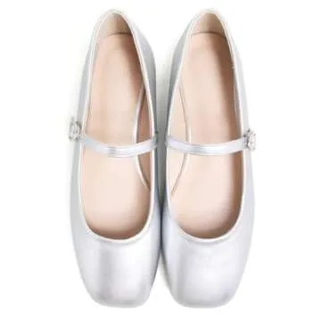TN TANGNEST Women's Mary Jane Flats Classic Ballet Flats Comfortable Square Toe Slip On Flats Buckle Strap Flats Silver 37(6)