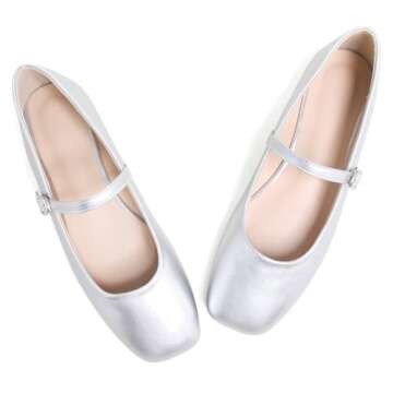 TN TANGNEST Women's Mary Jane Flats Classic Ballet Flats Comfortable Square Toe Slip On Flats Buckle Strap Flats Silver 37(6)