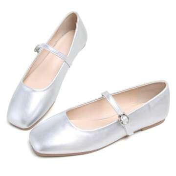 TN TANGNEST Women's Mary Jane Flats Classic Ballet Flats Comfortable Square Toe Slip On Flats Buckle Strap Flats Silver 37(6)