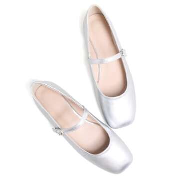 TN TANGNEST Women's Mary Jane Flats Classic Ballet Flats Comfortable Square Toe Slip On Flats Buckle Strap Flats Silver 37(6)