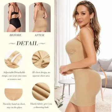 Irisnaya Seamless Body Shaper for Women Under Dress Strapless Shapewear Full Slip Smooth Tummy Control Bodysuit Cami Dresses（Beige，X-Small/Small）