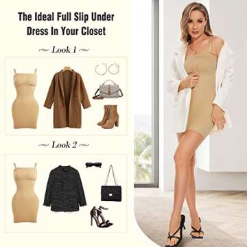 Irisnaya Seamless Body Shaper for Women Under Dress Strapless Shapewear Full Slip Smooth Tummy Control Bodysuit Cami Dresses（Beige，X-Small/Small）