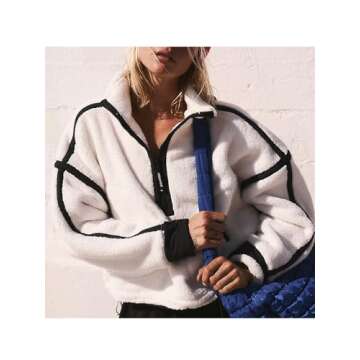 CHARTOU Half Zip Oversized Pullover Sweatshirt for Women Fleece Zip Up Jacket Sherpa Pull Over Sweaters Fall (Medium, White)