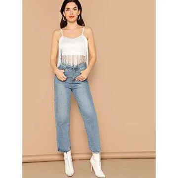 Romwe Women's Sleeveless V Neck Spaghetti Strap Slim Crop Cami Vest Top White S