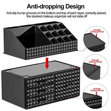 3 Pack Makeup Organizer Stackable[Upgraded], Acrylic Cosmetics Storage Cases with 8 Drawers Perfume Organizers For Brush Holder or Jewelry Display,Plus Size,Best For Vanity,Bathroom or Countertop