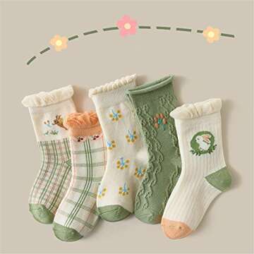 Mud Kingdom Fashion Little Girls Socks 5 Pack Cute Floral Bunny Plaid Green 6-8 Years Warm Winter