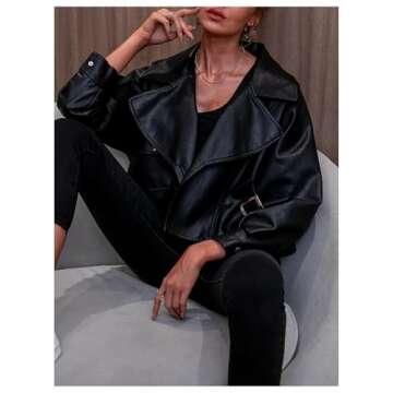 BEAUDRM Women's PU Leather Jacket Flap Pocket Cropped Jacket Shawl Neck Long Sleeve Oversized Coats Black Small