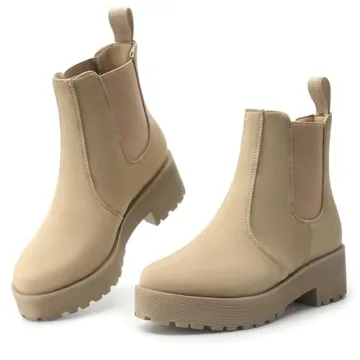 MUSSHOE Women's Fall Chelsea Chunky Heel Hiking Boots - Comfy Beige Size 6