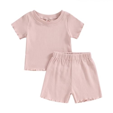 Kupretty Soft Cotton Toddler Girl Summer Outfit - Light Pink 2Pcs Set