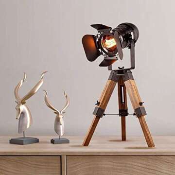 Farmhouse Vintage Adjustable Cinema Tripod Wood Table Lamp - Nautical Industrial Black Retro Style Spotlights Searchlights Wooden Standing Lamp Cinema Movie Props-for Living Room Bedroom