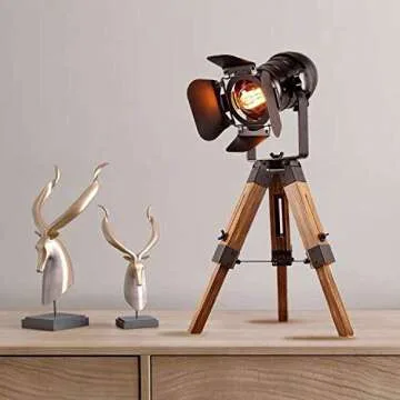 Farmhouse Vintage Adjustable Cinema Tripod Wood Table Lamp - Nautical Industrial Black Retro Style Spotlights Searchlights Wooden Standing Lamp Cinema Movie Props-for Living Room Bedroom