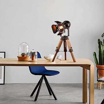 Farmhouse Vintage Adjustable Cinema Tripod Wood Table Lamp - Nautical Industrial Black Retro Style Spotlights Searchlights Wooden Standing Lamp Cinema Movie Props-for Living Room Bedroom