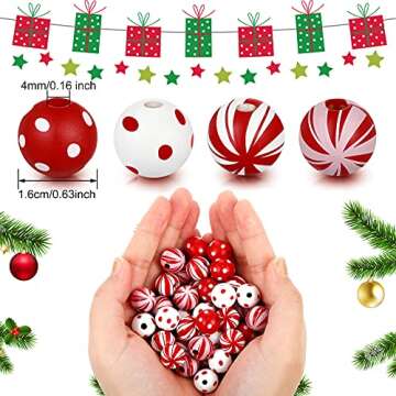 Youyole 100 Pieces Valentines Day Wooden Beads for Crafts Candy Cane Wood Beads 0.63 Inch Dotted Str...
