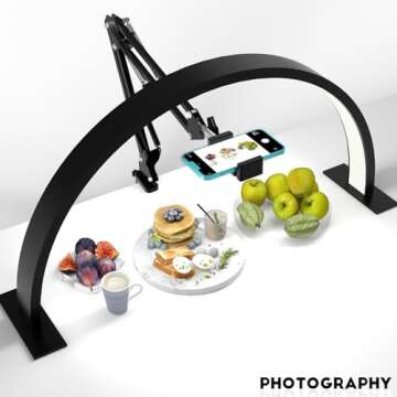 Upgrade Half Moon Ring Light for Desk，with Overhead Phone Mount and Phone Holder, 3 Color Modes, Adjustable 2700K-6500K Color Temperature for Nail/Video Recording/Crafts/Beauty/Drawing