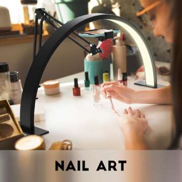 Upgrade Half Moon Ring Light for Desk，with Overhead Phone Mount and Phone Holder, 3 Color Modes, Adjustable 2700K-6500K Color Temperature for Nail/Video Recording/Crafts/Beauty/Drawing