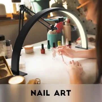 Upgrade Half Moon Ring Light for Desk，with Overhead Phone Mount and Phone Holder, 3 Color Modes, Adjustable 2700K-6500K Color Temperature for Nail/Video Recording/Crafts/Beauty/Drawing