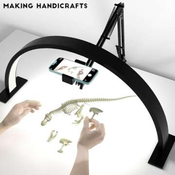 Upgrade Half Moon Ring Light for Desk，with Overhead Phone Mount and Phone Holder, 3 Color Modes, Adjustable 2700K-6500K Color Temperature for Nail/Video Recording/Crafts/Beauty/Drawing