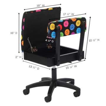 Arrow Sewing H8013 Adjustable Height Hydraulic Sewing and Craft Chair with Under Seat Storage and Printed Fabric, Bright Button Fabric Print