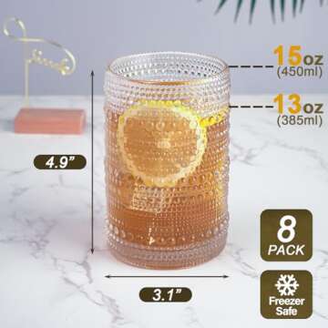 LEYU 15oz Hobnail Drinking Glasses Set of 8, Vintage Glassware Sets for Water Cocktail Whiskey and Mixed. kitchen and Bar Beaded Glass Cups, Clear Bubble Glassware Sets