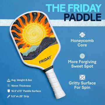 Friday Pickleball Paddle, USA Pickleball Approved, Durable Carbon Fiber, Thermoformed Unibody Design, Honeycomb Core, Gritty Surface for Spin (Blue Sky, 1 Paddle)