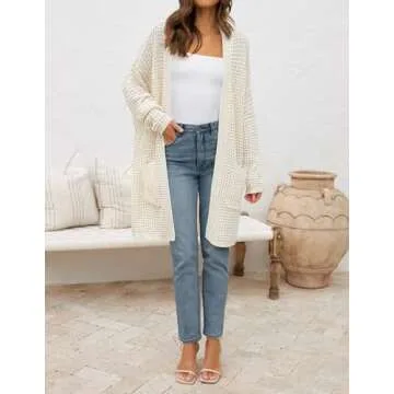 ZESICA Women's Fall Long Batwing Sleeve Open Front Chunky Knit Cardigan Sweater,B&Apricot,Medium
