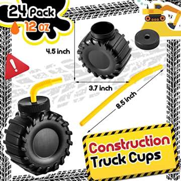 Amyhill 24 Pieces Truck Construction Cups Set with Straws