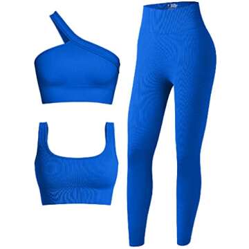OQQ Women's 3 Piece Outfits Ribbed Seamless Exercise Scoop Neck Sports Bra One Shoulder Tops High Waist Leggings Active Set Blue