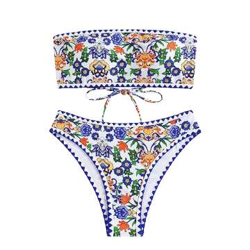 ZAFUL Women Strapless Textured Bandeau Bikini 2 Piece Swimwear Cheeky Solid Lace up Bathing Suits(7-...