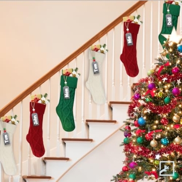 ZIFTY Personalized Christmas Stockings Bulk with Names Set of 4 18 Inches Knitted Xmas Stockings Double-Sided Classic Decoration for Family Holiday Party Christmas Ornaments (Burgundy & Ivory & Green)