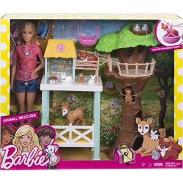 Barbie Vet Doll & Playset, Animal Rescuer Theme with 8 Wildlife Figures, Treehouse, Care Station, Rope Bridge & Accessories