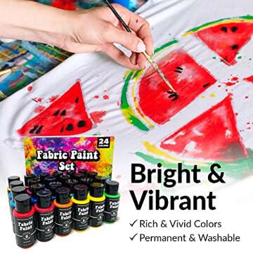 Permanent Fabric Paint Kit, 24 Colors, Medium Acrylic Set, for Clothes, Upholstery, Outdoor Cushions, Shoes, Includes Metallic Gold, White, Red, Yellow, Orange, Pink