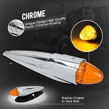 Partsam 5PCS 17 LED Amber Torpedo Cab Marker Roof Running Top Lights Assembly Super Bright Chrome Heavy Duty Trucks Replacement for International Kenworth/Peterbilt/Freightliner/Mack,DOT Compliant