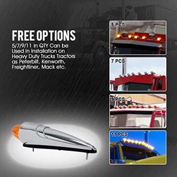 Partsam 5PCS 17 LED Amber Torpedo Cab Marker Roof Running Top Lights Assembly Super Bright Chrome Heavy Duty Trucks Replacement for International Kenworth/Peterbilt/Freightliner/Mack,DOT Compliant
