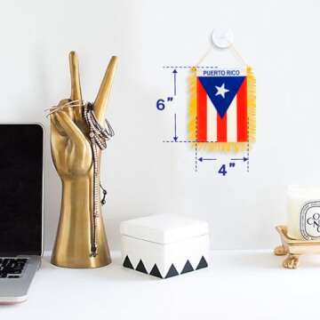 Anley 4 X 6 Inch Puerto Rico Fringy Window Hanging Flag - Mini Flag Banner & Car Rearview Mirror Décor - Fringed Puerto Rican Hanging Flag with Suction Cup