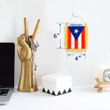 Anley 4 X 6 Inch Puerto Rico Fringy Window Hanging Flag - Mini Flag Banner & Car Rearview Mirror Décor - Fringed Puerto Rican Hanging Flag with Suction Cup