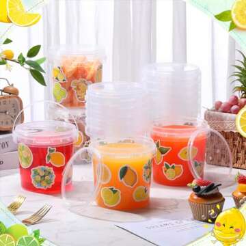 PerKoop 20 Pcs 32 oz Ice Cream Buckets with Lids and Handles Clear Cocktail Rum Buckets with Stickers Plastic Transparent Tub Reusable Food Storage Containers for Parties(Lemon)