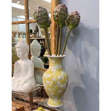Galt International Yellow and White Sakura Chinoiserie Ceramic Vase 14" - Hand Painted Antique Style...