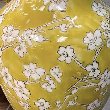 Galt International Yellow and White Sakura Chinoiserie Ceramic Vase 14" - Hand Painted Antique Style Porcelain Japanese Flower Bottle Fishtail Porcelain Chinese Vase for Home Decor Centerpiece