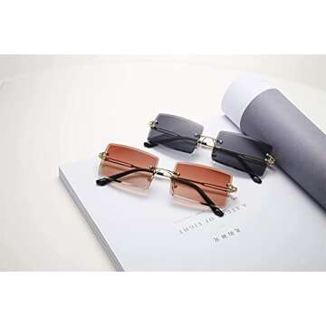 Alterancy Square Sunglasses For Women Men Rimless Trendy Fashion Rectangle Sunglasses Uv Protection Retro Vintage Womens Sunglasses Orange