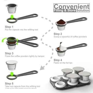 Reusable Capsules for Nespresso OriginalLine - 6pcs Refillable Coffee Pods,Stainless Steel Cups Compatible for Nespresso OriginalLine Machine (6Pods+100pcs Lids+Storage Board)