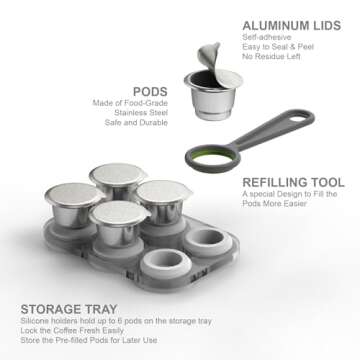 Reusable Capsules for Nespresso OriginalLine - 6pcs Refillable Coffee Pods,Stainless Steel Cups Compatible for Nespresso OriginalLine Machine (6Pods+100pcs Lids+Storage Board)