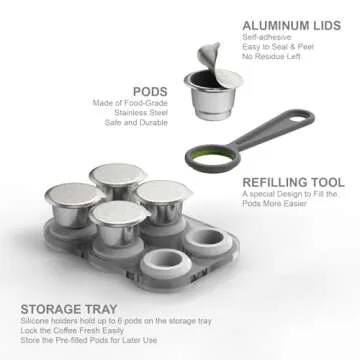 Reusable Capsules for Nespresso OriginalLine - 6pcs Refillable Coffee Pods,Stainless Steel Cups Compatible for Nespresso OriginalLine Machine (6Pods+100pcs Lids+Storage Board)