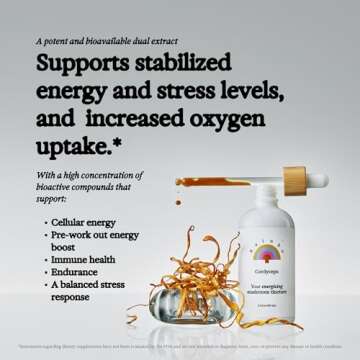 Rainbo Cordyceps Mushroom Tincture, Dual Extract Mushroom Supplement for Immune Support, Energy, Liquid Cordyceps Supplement, Vegan, Non GMO, 3.4 fl oz