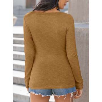 Kissfix Womens Long Sleeve Shirts Going Out Fall Clothes Casual Henley Tops Ribbed Knit Blouses Fashion Trendy Outfits Brown XL