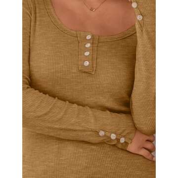 Kissfix Womens Long Sleeve Shirts Going Out Fall Clothes Casual Henley Tops Ribbed Knit Blouses Fashion Trendy Outfits Brown XL